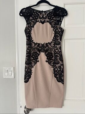 Lipsy London Beige Dress with Black Lace Overlay - Elegant Women's Sheath Dress